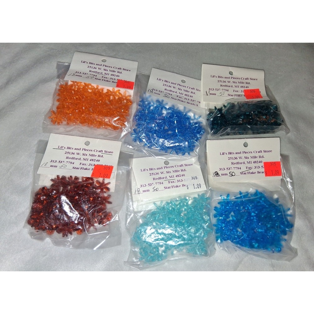 Vintage Star Flake Beads Lot 300 Plastic Craft Beads 18mm NOS 6 Colors